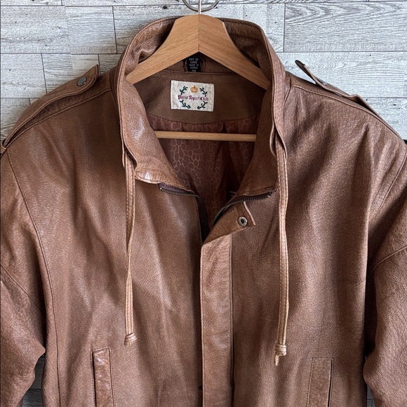 Vintage Leather Brown Bomber Coat Paris Sport Club Jacket Women’s Medium Y2k - Picture 3 of 10